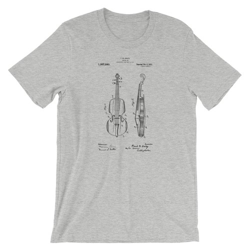 Violin Patent T-Shirt. Violin Shirt 100% Soft Cotton Tee on Black, White or Gray - Picture 7 of 9