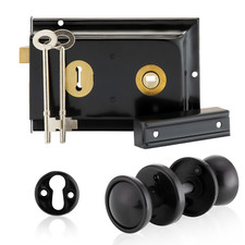 XFORT Rim Knob Set Black, Complete With A Rim Lock, Rim Door Knob & Escutcheons