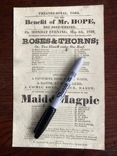 Original Georgian Playbill Flyer York Theatre Royal 1829 Roses & Thorns