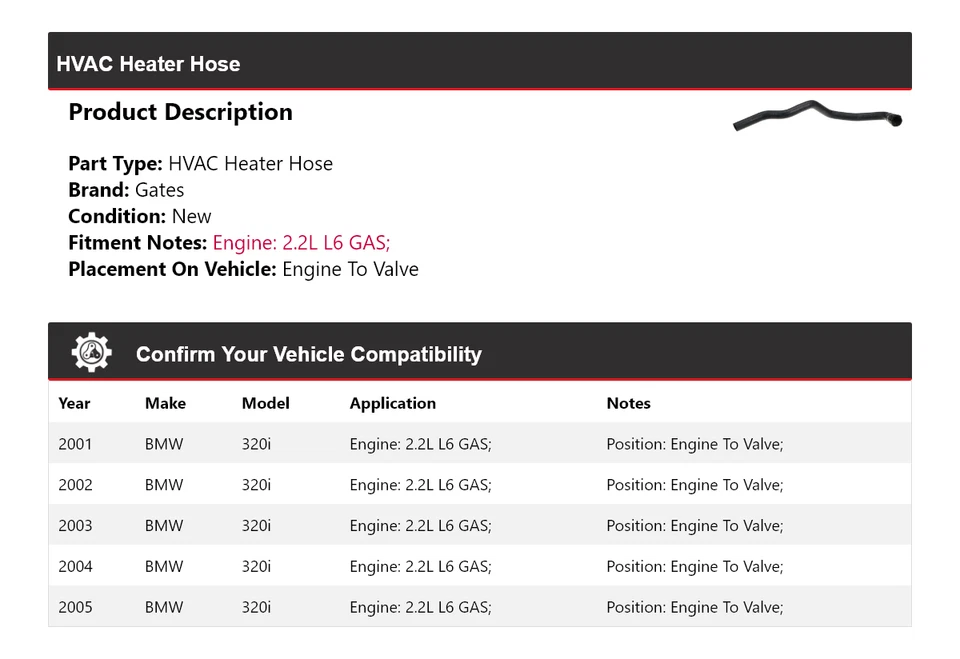 Para BMW 320i 2001-2005 2,2 L L6 Gas HVAC Calentador Manguera Motor a Válvula Puertas 2002 Foto 2 de 3