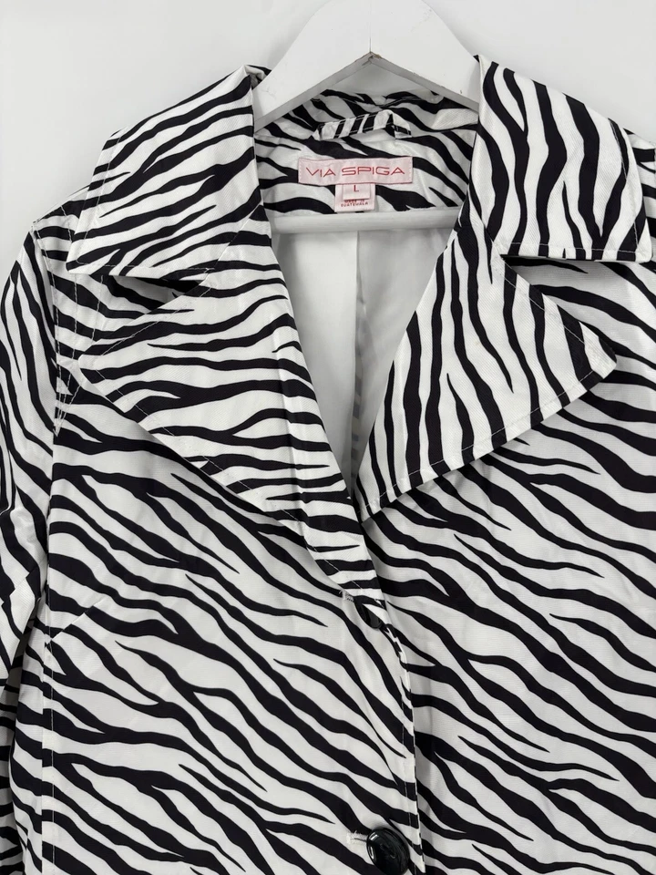 Abrigo de lluvia Via Spiga Vintage Trench para mujer grande negro blanco cebra rayas botón Foto 2 de 4