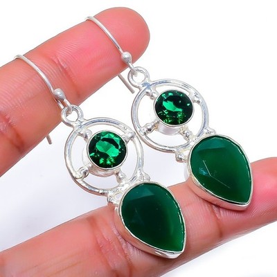 Sakota Mines Emerald, Tsavorite (Lab-Created) 925 Silver Plated Earring 2.2''T306