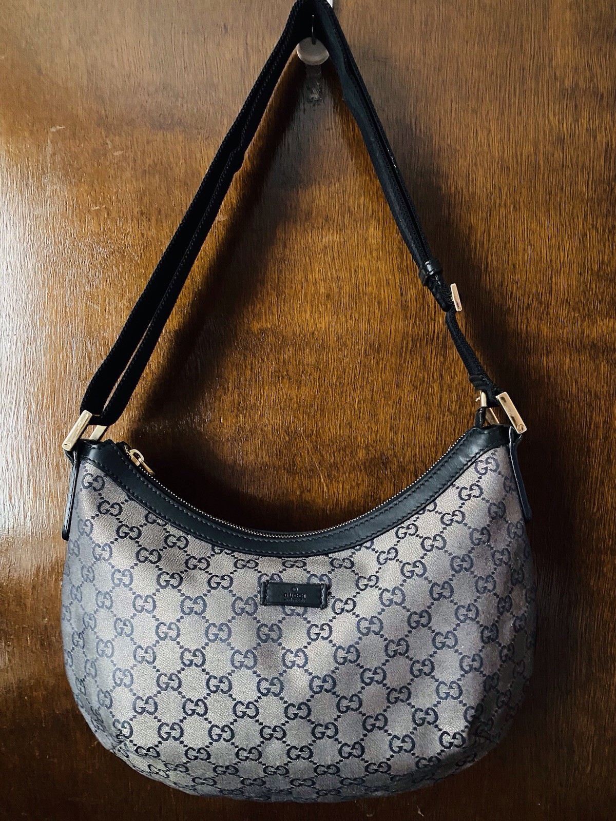 Auth Gucci Monogram Web Medium Half Moon Hobo Bag - image 1