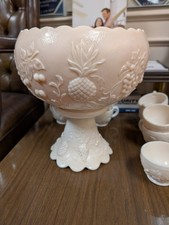 Vintage Westmoreland Milk Glass Three Fruit Punch Bowl Set with base and 9 Cups