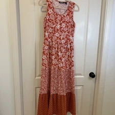 Lands’ End Maxi Dress Sunwashed Red Lotus Floral XS Flowy Tiered Cottagecore