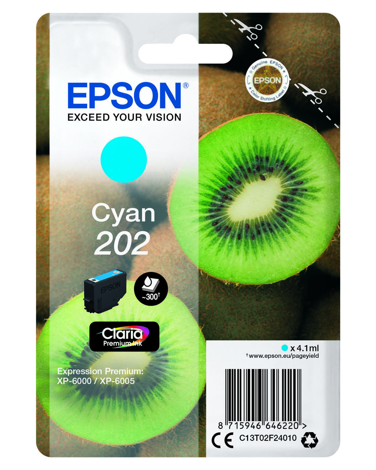 Epson Original 202 Kiwi Druckerpatrone голубой 300 мл 41мл C13T02F24010 4290₽