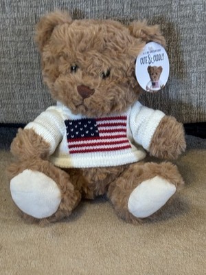 NEW, CUTE & CUDDLY TAN TEDDY BEAR WITH FLAG SWEATER PLUSH, 9''