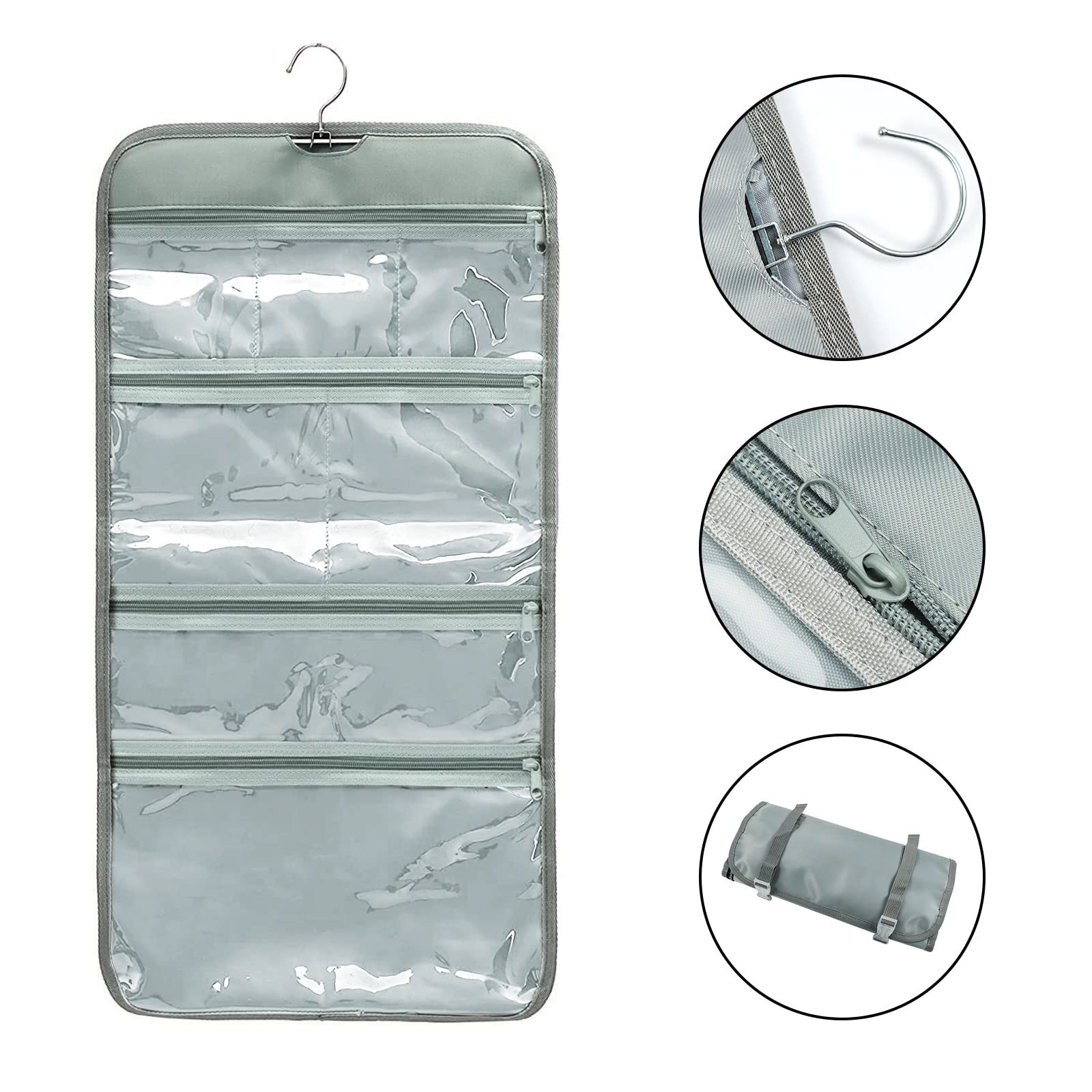 Foldable Clear Hanging Travel Toiletry Bag Cosmetic Organizer Storage (Grey)