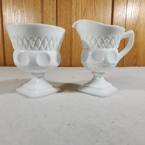 Vintage McKee Plymouth Thumbprint Milk Glass Cream and Sugar Set 1950s White