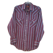 Plains Western Wear Mens Long Sleeve Pearl Snap Maroon Blue Size M