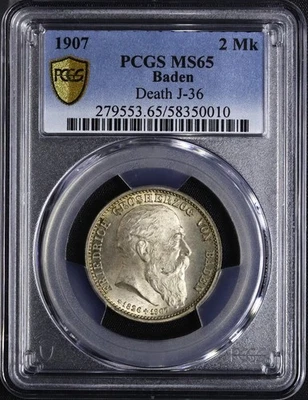 Kaiserreich Baden 2 Mark 1907 Auf den Tod des Großherzogs PCGS MS65 - Bild 1 von 2