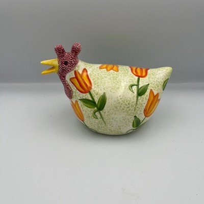 CBK LTD 1999 Handpainted Ceramic Chicken Figurine Tulips Green Farmhouse Decor