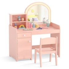 Kids Vanity Set with LED Mirror Toddler Play Table Chair Set Pink