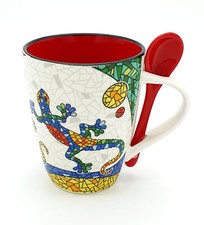 Kaffeebecher aus Keramik Kaffeetasse Tasse Becher Mug mit Löffel - Motiv Gecko