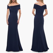 NEW LA FEMME Navy SATIN Ruched OFF THE SHOULDER Pleated TRUMPET Evening GOWN 10
