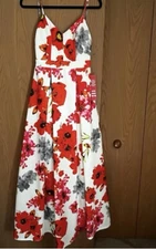 White dress with Red and Pink Flowers All Over. Open Back. Prom Like Or Wedding