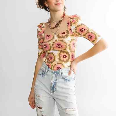 NWT Free People Give Me More Pink Multi Floral Half Sleeve Crop Top Medium