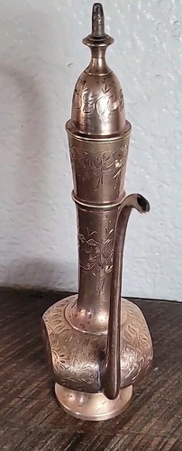 Vtg. 11" Tall Etched Brass Tea Pot Aftaba Pitcher with Handle SEW India 37J EUC - Picture 8 of 21