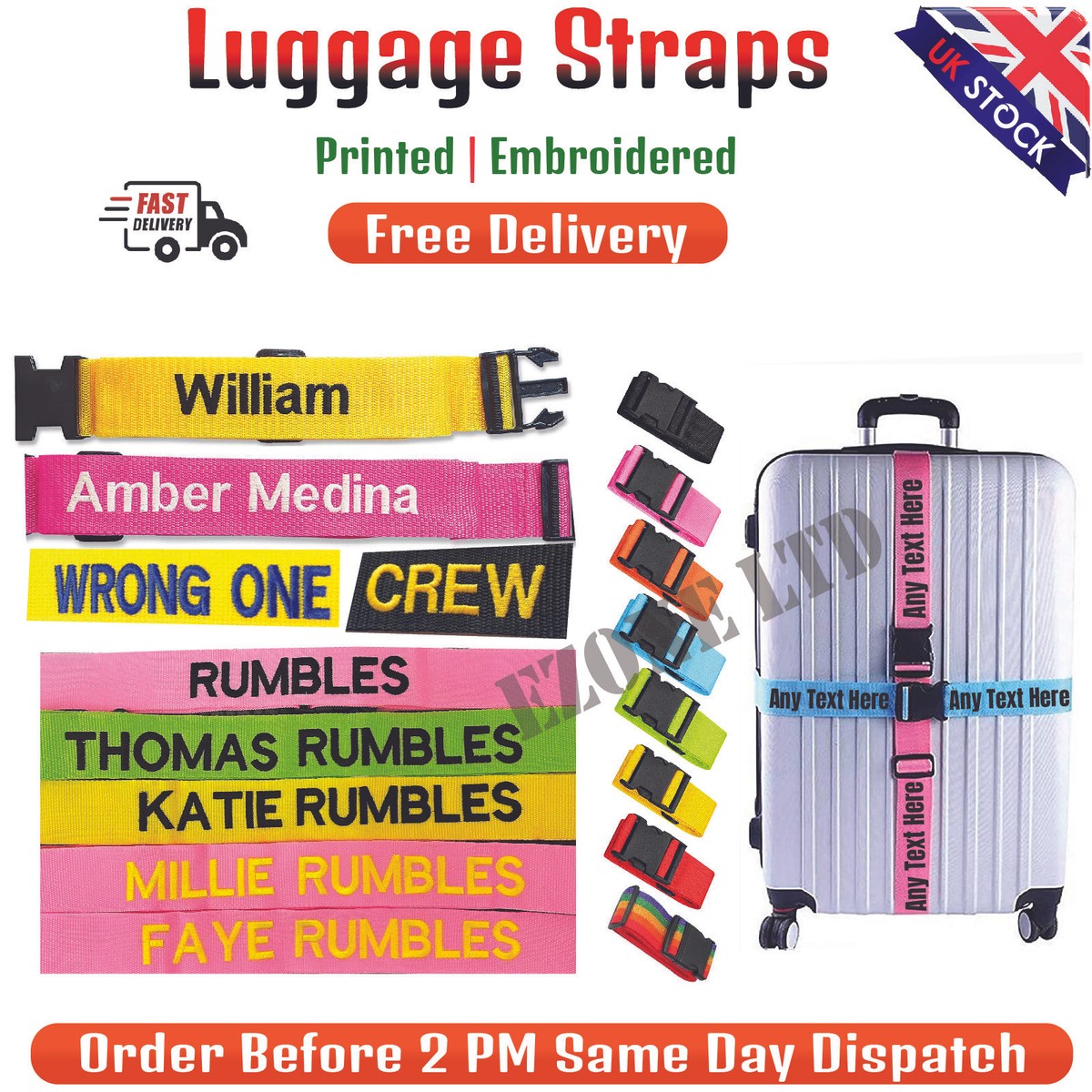 Luggage Straps Safety Suitcase Belt Personalised Custom Printed or  Embroidered