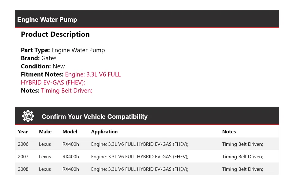 Puertas de bomba de agua para motor Lexus RX400h 2006-2008 2007 Foto 2 de 4