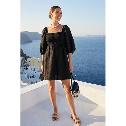 Tuckernuck NWOT Annie Smocked Mini Dress XS Black Linen Puff Sleeve Resort Wear