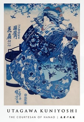 Blaue Szenen traditioneller japanischer Holzschnitt Wand Ukiyo E Blumen und Geisha Dekor