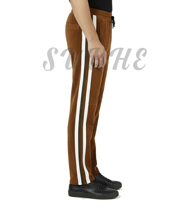 Brown With White Stripes Custom Genuine Suede Leather Trouser Tracksuit Trousers