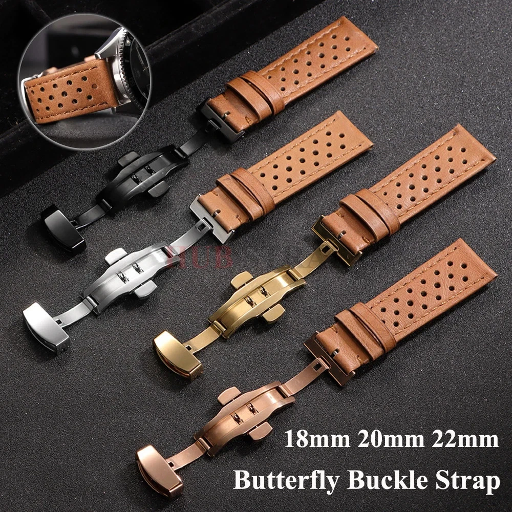 Premium Cowhide Leather Watch Strap for Smart Watch 18-22mm Brown Butterfly Band