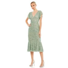 Mac Duggal 10801 Sage Green Sequin Flutter Sleeve Midi Dress Sz 2 Mermaid Hem