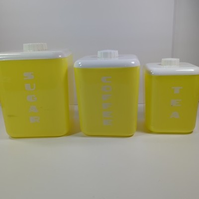 Vintage 3 pc 50 s Lustro Ware Yellow/White Plastic Nesting Kitchen Canister Set