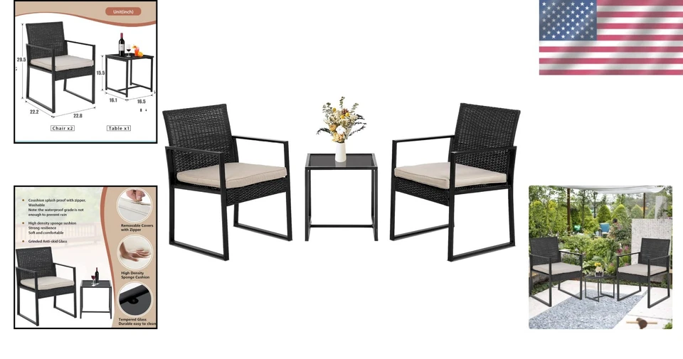 Juego de Muebles de Patio 3 Piezas Ratán Caqui Exterior Acolchado Resistente a la Intemperie Foto 2 de 4