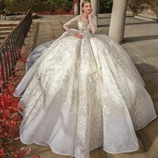 Gorgeous Beaded Crystal Wedding Dresses Long Sleeve A-line Princess Lace Gowns