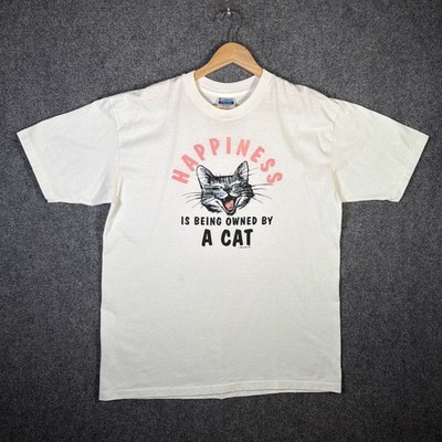 Vintage Cat Shirt XL White 90s Funny Quote Cat Owner Pet Happy Cartoon