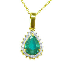 Genuine Colombian Emerald Diamond Halo Teardrop Pendant 14K Yellow Gold