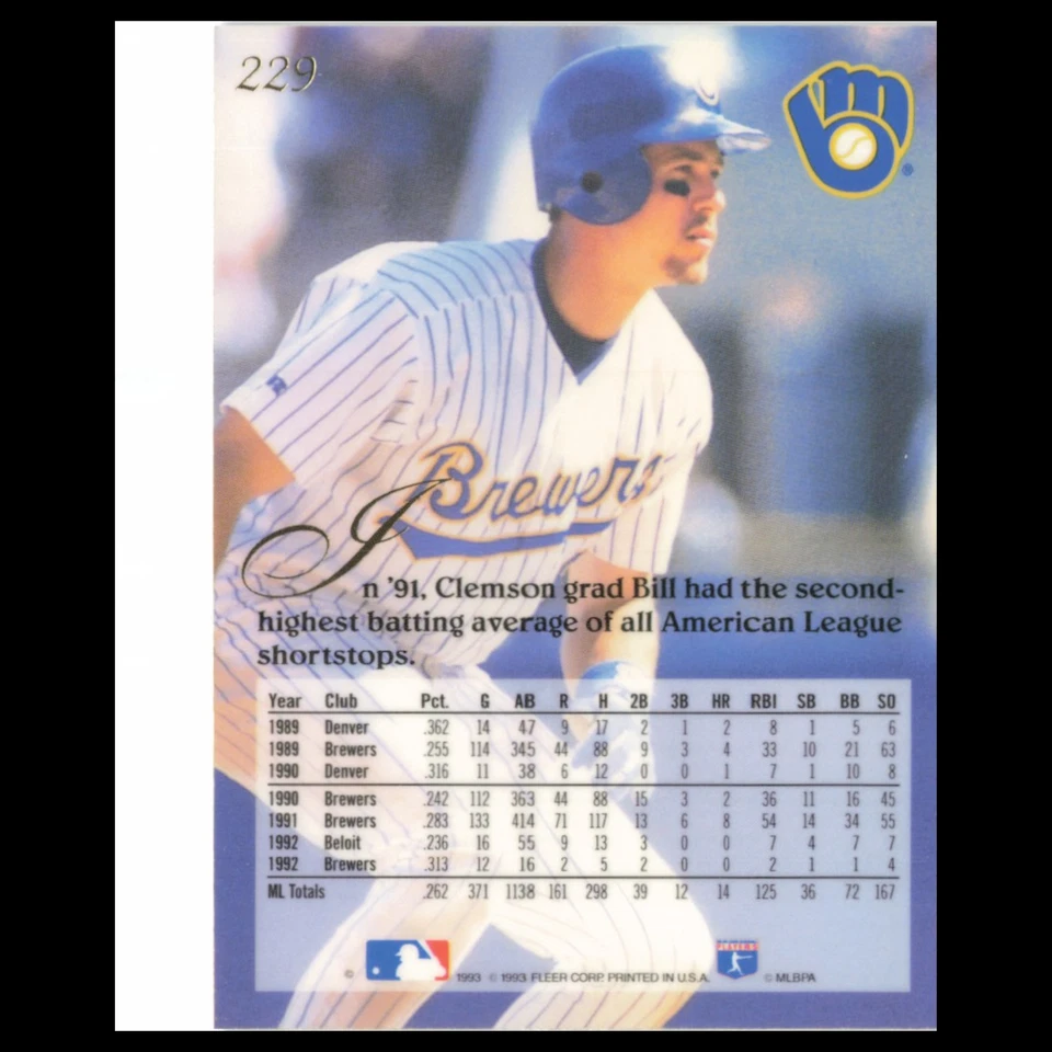 Bill Spiers #229 1993 Flair Milwaukee Brewers Baseball Card MLB NM - Image 2 of 3