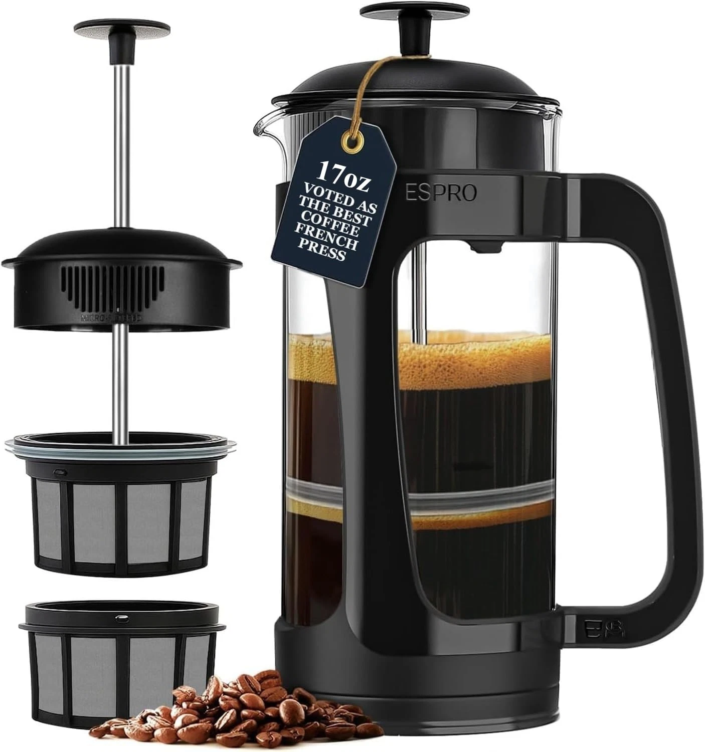P3 French Press Coffee Maker – Patented Double Micro-Filter for Grit-Free Bre...
