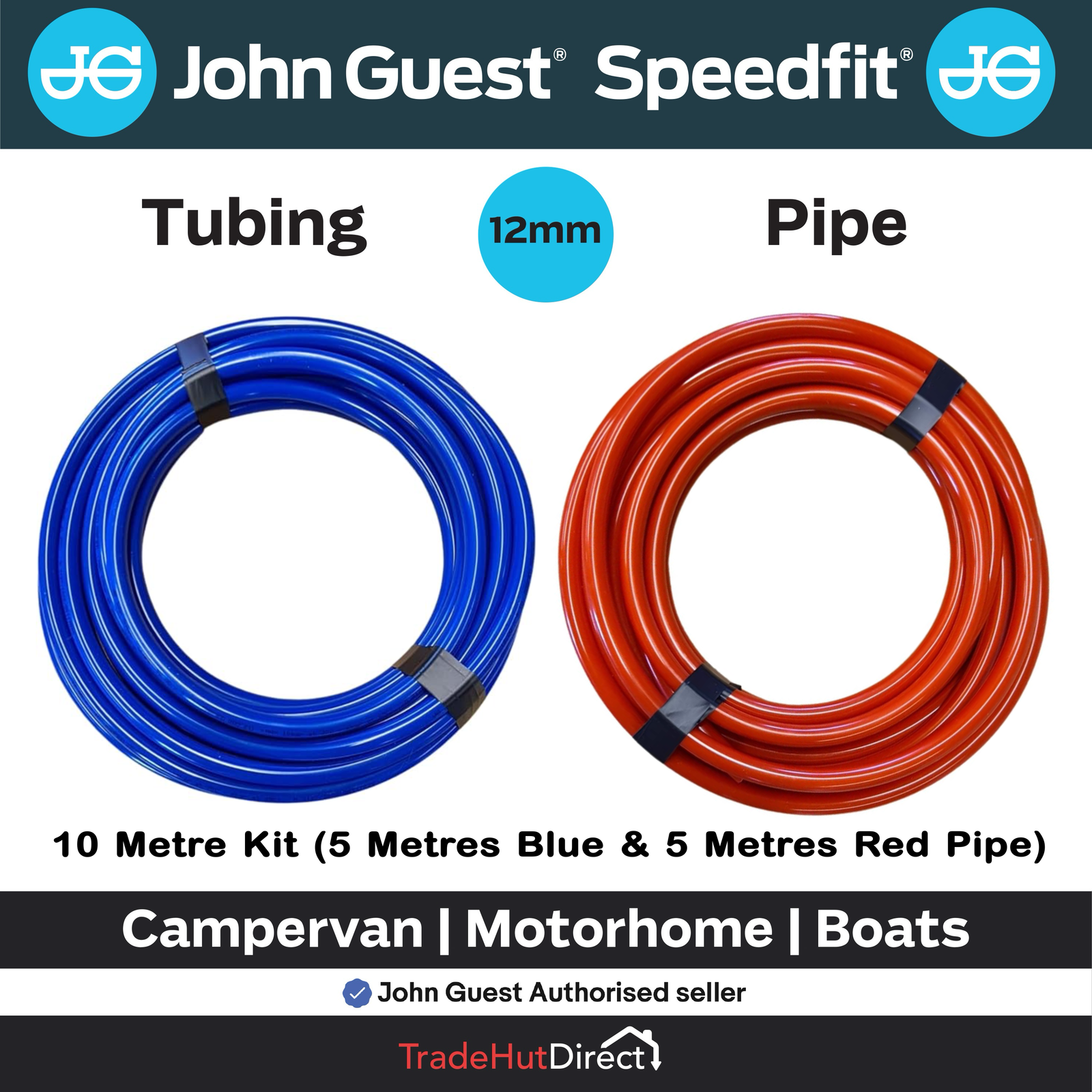 John Guest 5m RED & 5m BLUE 12mm Campervan Camper Motorhome Water Pipe 10m Kit