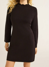 Free Assembly Womens Sweater Dress Size S Black Soot Mini Bell Sleeve Scalloped