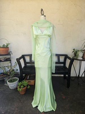 Vintage Acid Green 90s Does 1930s Bias Cut Prom Dress Evening Gown With  Scarf Xs | eBay