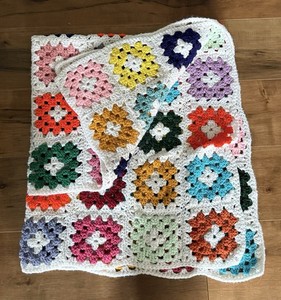 Vtg Granny Square Afghan Throw Blanket Crocheted Multi Color Cottage 46 X 46