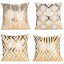 Set Of 4 Pillow Covers 18x18" Gold Foil Throw Pillowcases White And Gold w1256