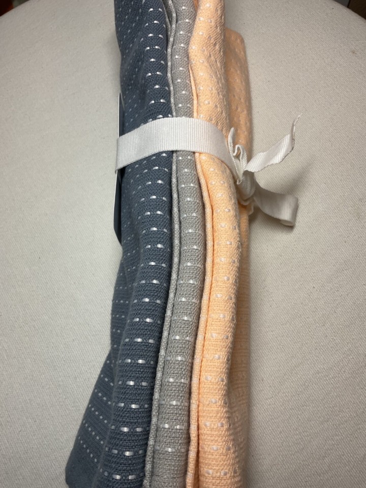 THYME & SAGE KITCHEN TOWELS (3) BLUE GRAY PEACH WHITE DOTS TURKISH