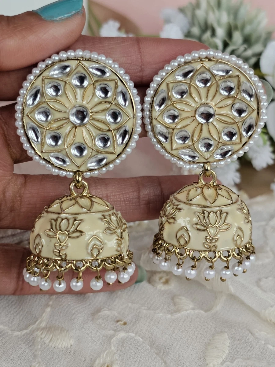 Indian Golden Cream Ivory Dull Kundan Earring Pearldrop Bollywood