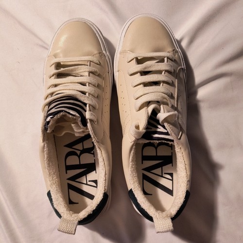 ZARA Low Top Cream Leather Sneakers Suede Zebra Print Tongue EU Sz 40 US 9 Shoes - Picture 6 of 10