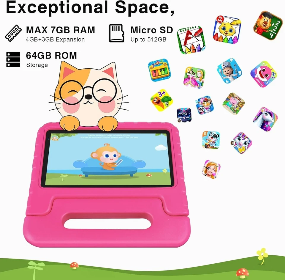 JUSYEA J8 Tablet bambini 64GB ROM 7" FHD Android 11 Pad WiFi Fotocamera ROSA - Immagine 3 di 4