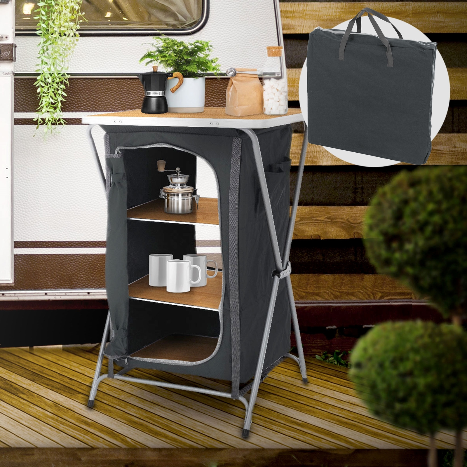 Cocina plegable de camping mesa auxiliar exterior caja 3 estantes madera-negro