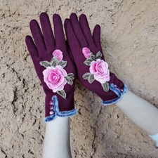 Lady Warm Gloves Embroidered Flowers Padded Fleece Lined Retro Winter Retro Soft