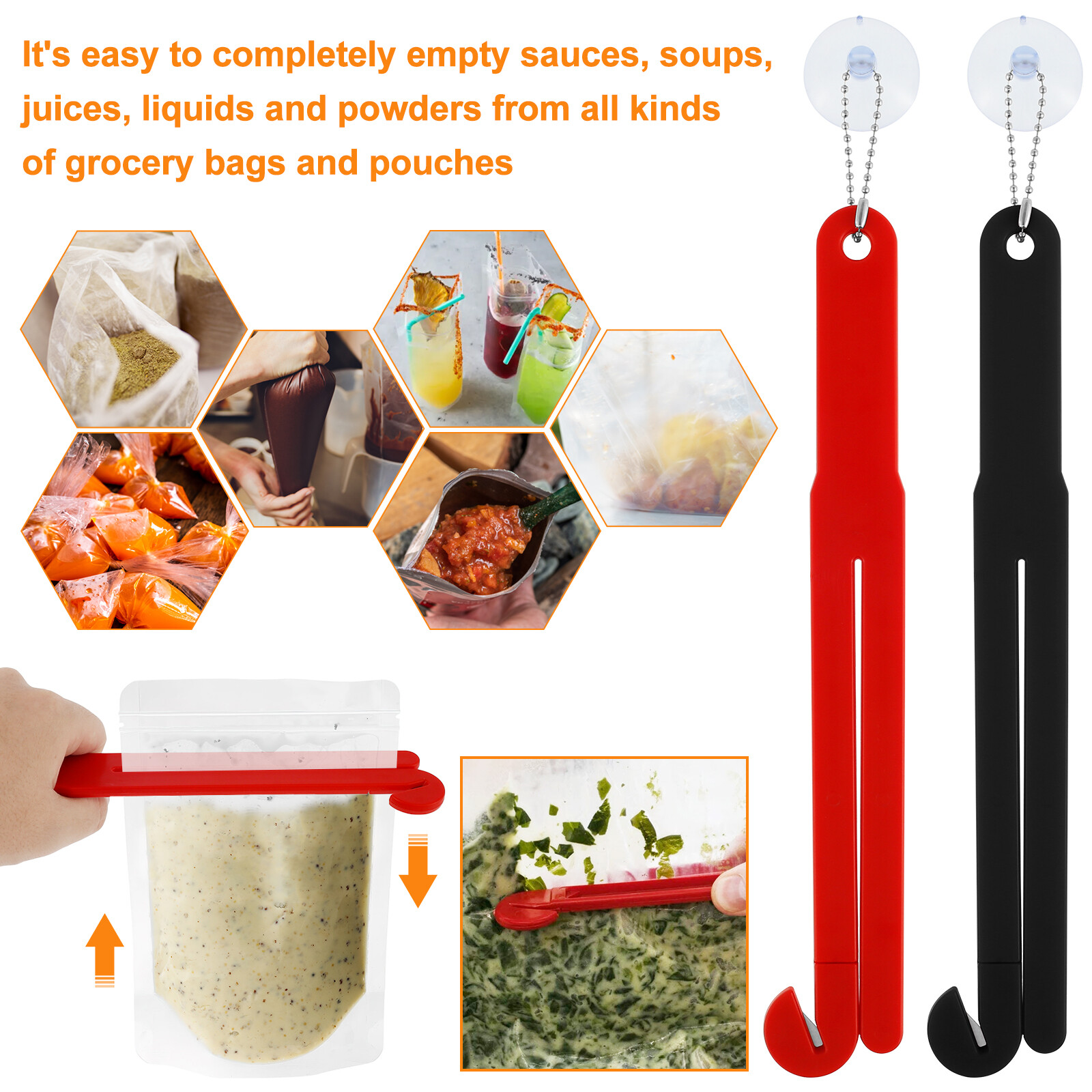 2Pcs Food Bag Pouch Cutter Opener and Squeezer with Hanging Chain