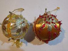 Lot of 2 Christmas Push Pin  Satin Ornaments Handmade Sequins Beaded Vintage