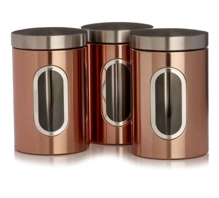 3 Set Copper Coat Tea Coffee Sugar Canister Jar Container Window Stainless Steel